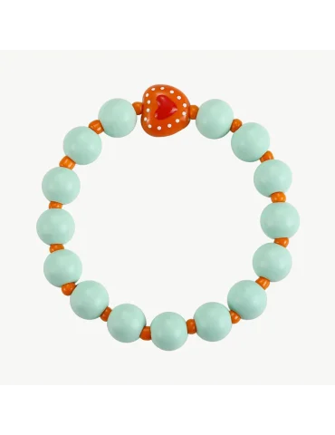 Damen Holz-Armband aus mintfarbene Perlen, dazwischen kleine orangefarbene Kunststoffperlen und eine Herzperle