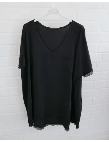 Schwarzes V-Ausschnitt Shirt ärmellos mit Fransen am Ausschnitt und Bund