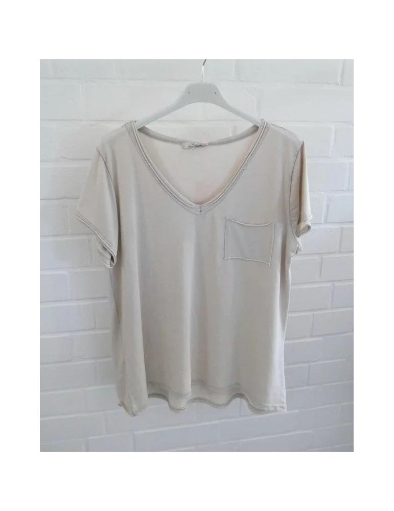 Beiges V-Ausschnitt Shirt mit kurzen Ärmeln und Brusttasche