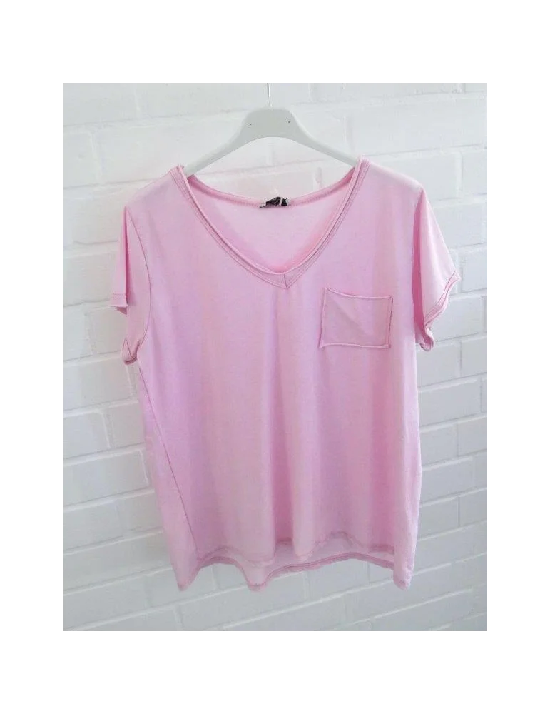 Rosefarbenes V-Ausschnitt Shirt mit kurzen Ärmeln und Brusttasche
