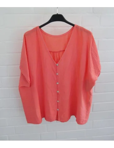 Korallenfarbene Damen Oversize Bluse mit V-Ausschnitt und Knopfleiste