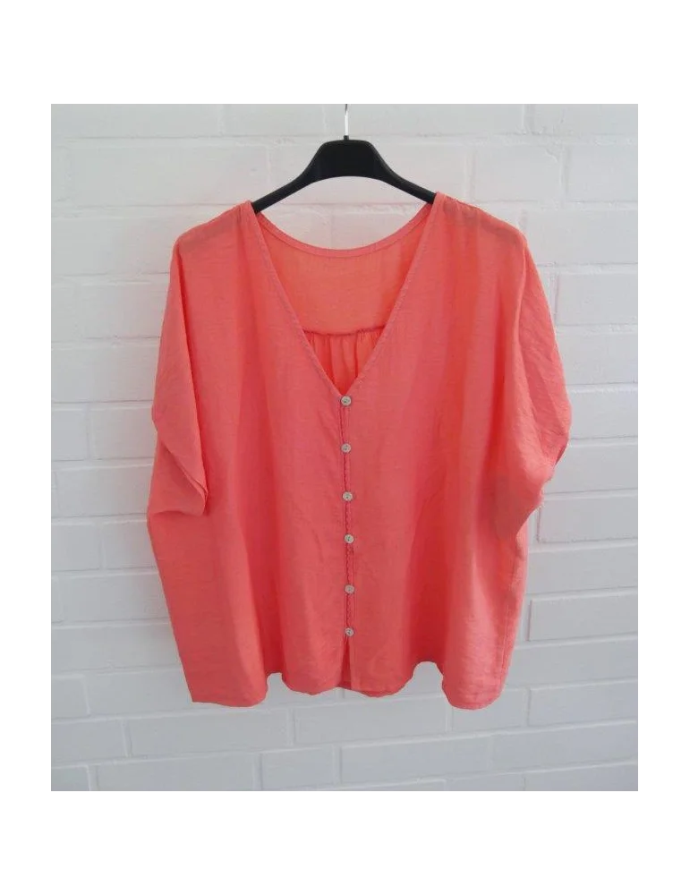 Korallenfarbene Damen Oversize Bluse mit V-Ausschnitt und Knopfleiste