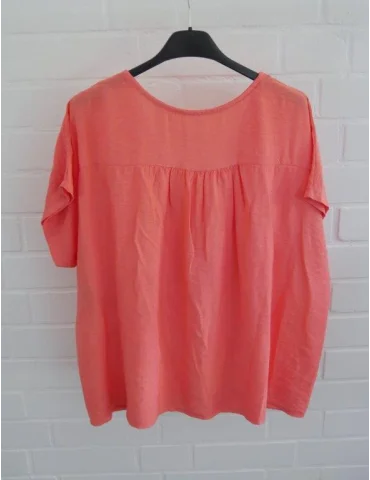 Rückansicht Korallenfarbene Damen Oversize Bluse mit V-Ausschnitt und Knopfleiste