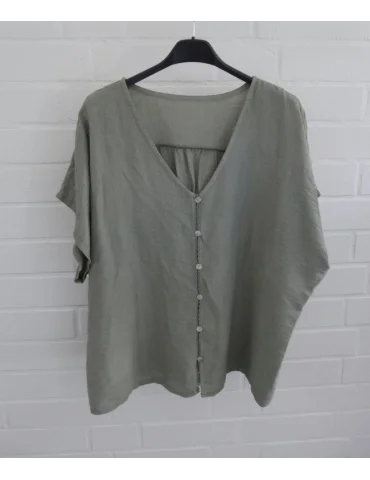 Olivgrüne Damen Bluse mit V-Ausschnitt und Knopfleiste