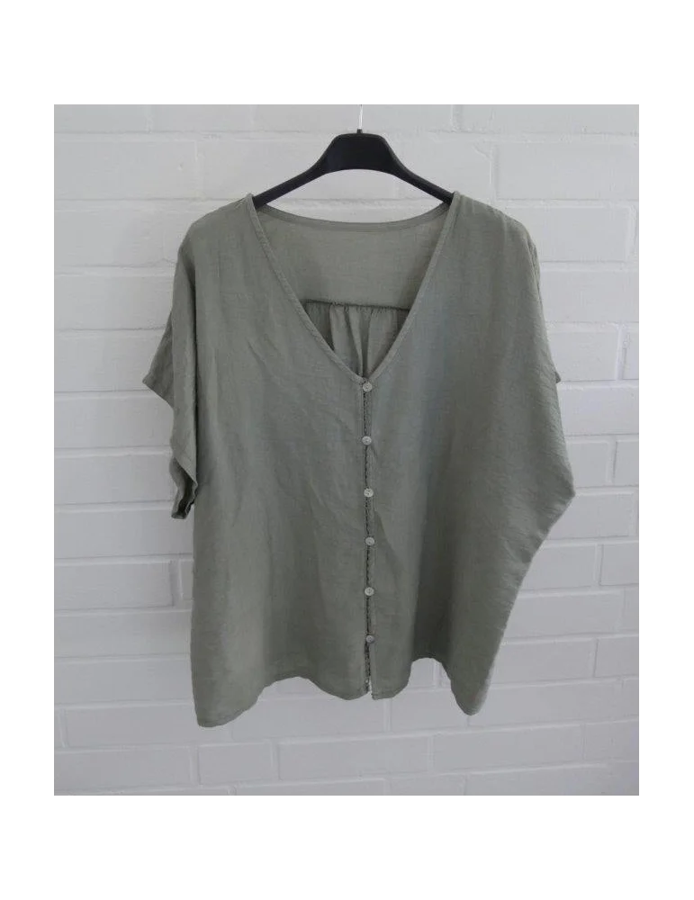 Olivgrüne Damen Bluse mit V-Ausschnitt und Knopfleiste