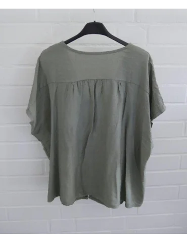 Rückansicht Olivgrüne Damen Bluse mit V-Ausschnitt und Knopfleiste