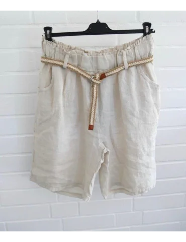 Beige Damen Bermuda aus Leinen mit Gürtel und kleinen Knöpfen
