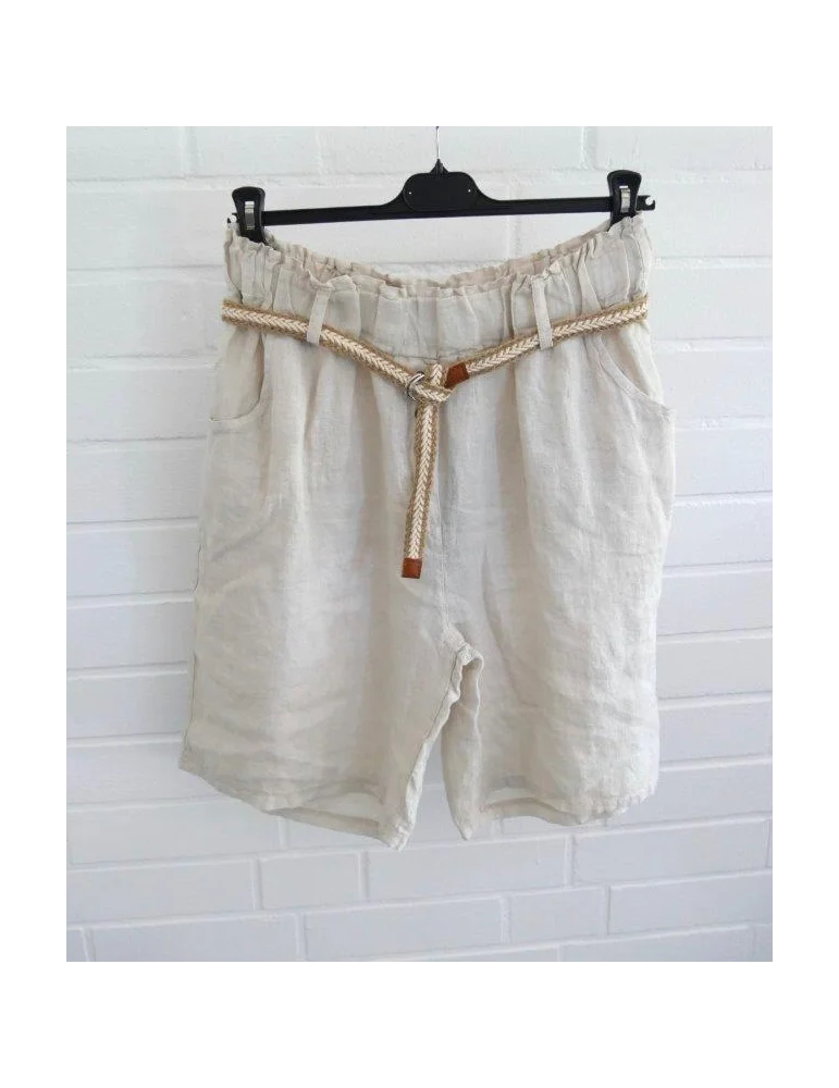 Beige Damen Bermuda aus Leinen mit Gürtel und kleinen Knöpfen