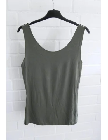 Rückansicht Nahtloses Damen Tanktop in Olivgrün mit Rundhalsausschnitt auf einem Kleiderbügel