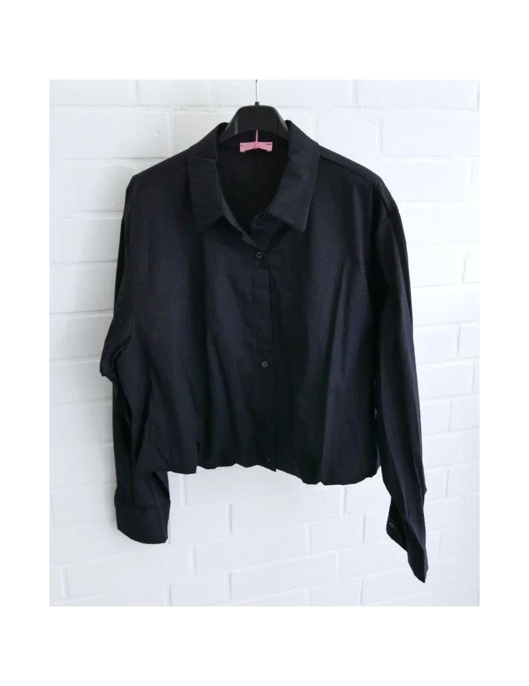 Dunkelblaue cropped Bluse für Damen mit Gummizug im Bund auf schwarzem Kleiderbügel
