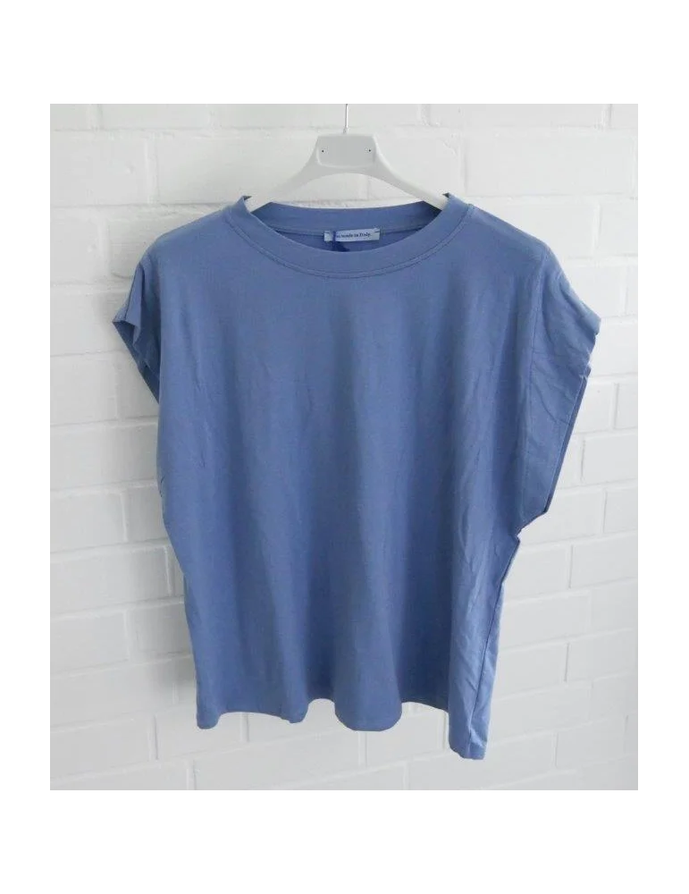 Blaues Damen T-Shirt aus weichem Baumwoll-Lyocell-Mix auf weißem Kleiderbügel