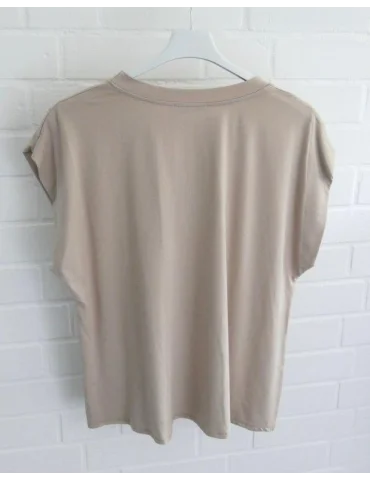 Rückansicht Beiges Damen T-Shirt aus weichem Baumwoll-Lyocell-Mix auf weißem Kleiderbügel