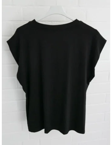 Rückansicht Schwarzes Damen T-Shirt aus weichem Baumwoll-Lyocell-Mix auf weißem Kleiderbügel