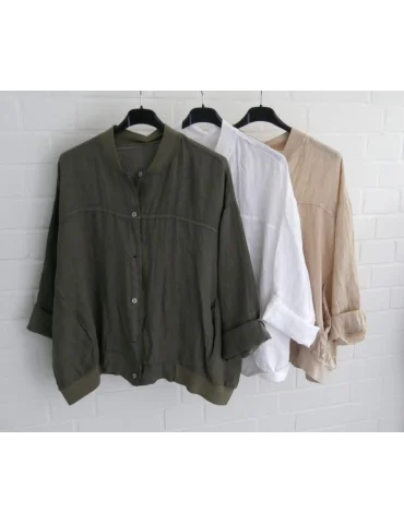 Damen Blusen Blouson 100% Leinen beige uni...