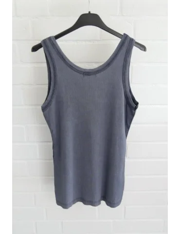 Rückansicht Grau-blaues Damen Ripp-Tanktop mit Vintage-Waschung auf schwarzem Kleiderbügel