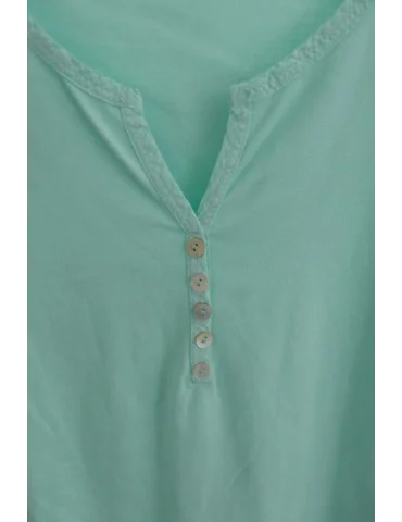 Nahaufnahme Knopfleiste von mintfarbenem Shirt