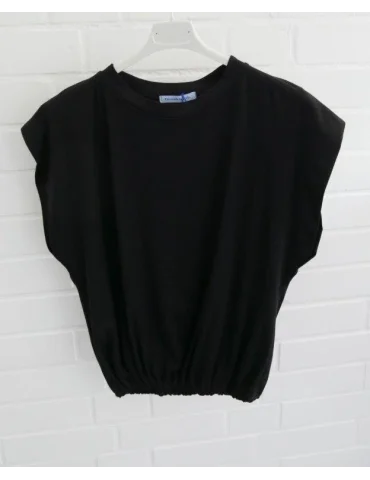 Schwarzes cropped Damen T-Shirt mit raffiniertem Gummizug im Bund auf weißem Bügel