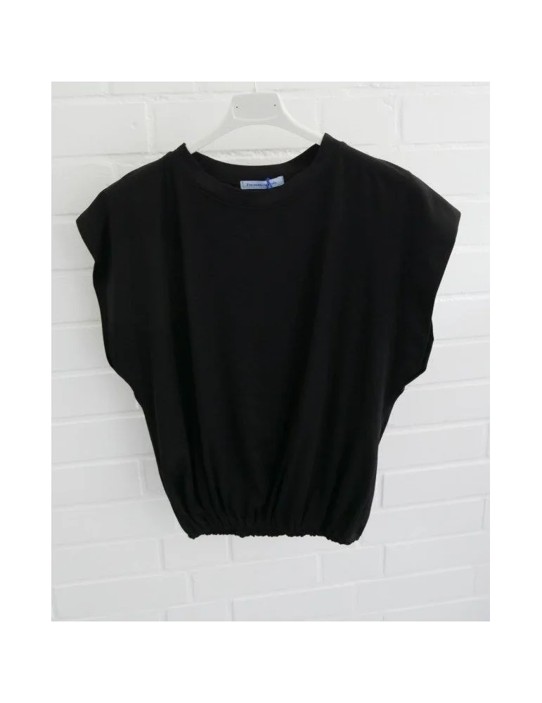Schwarzes cropped Damen T-Shirt mit raffiniertem Gummizug im Bund auf weißem Bügel