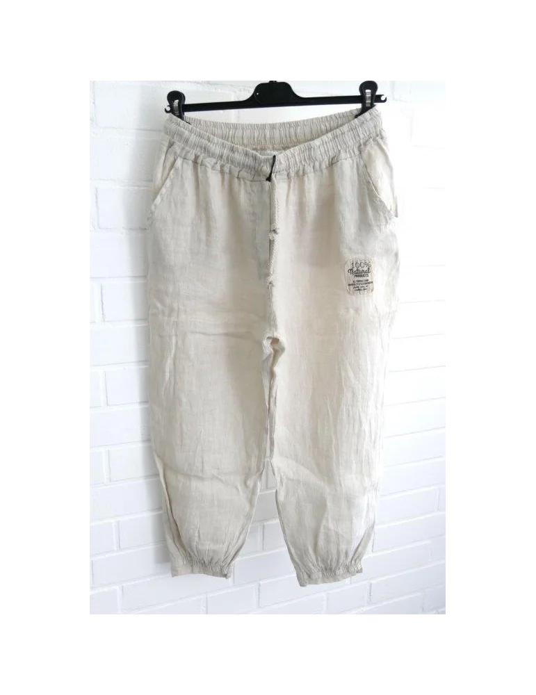 Beige Leinenhose mit Gummizug am Fußende
