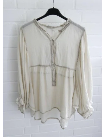 Beige Bluse mit Fledermausärmeln leicht transparent und verwaschen