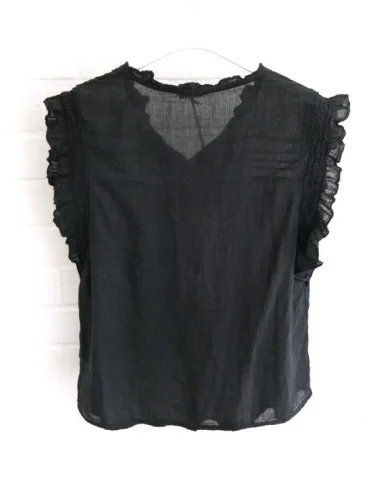 Damen Bluse Shirt ärmellos Rüschen schwarz uni...