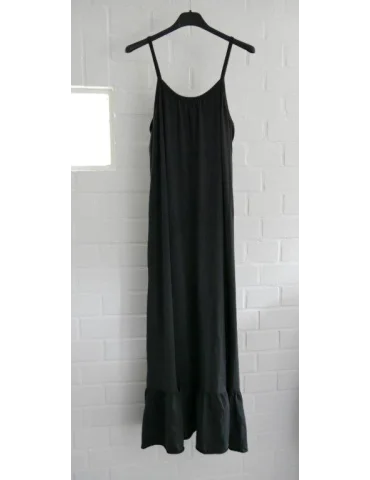 Langes, anthrazitfarbenes Sommerkleid mit schmalen Spaghettiträgern und Volantsaum