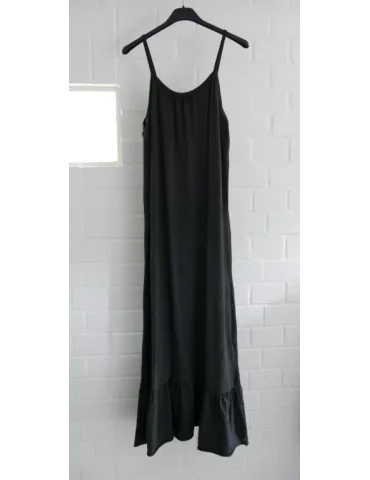 Rückansicht Langes, anthrazitfarbenes Sommerkleid mit schmalen Spaghettiträgern und Volantsaum