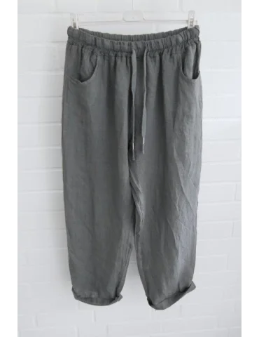 Graue Leinenhose mit Gummizug und Kordel im Bund