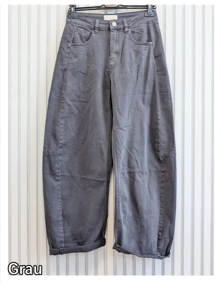 ESViViD Jeans Hose Damenhose O-Shape weites Bein Umschlag grau mit Baumwolle 9285