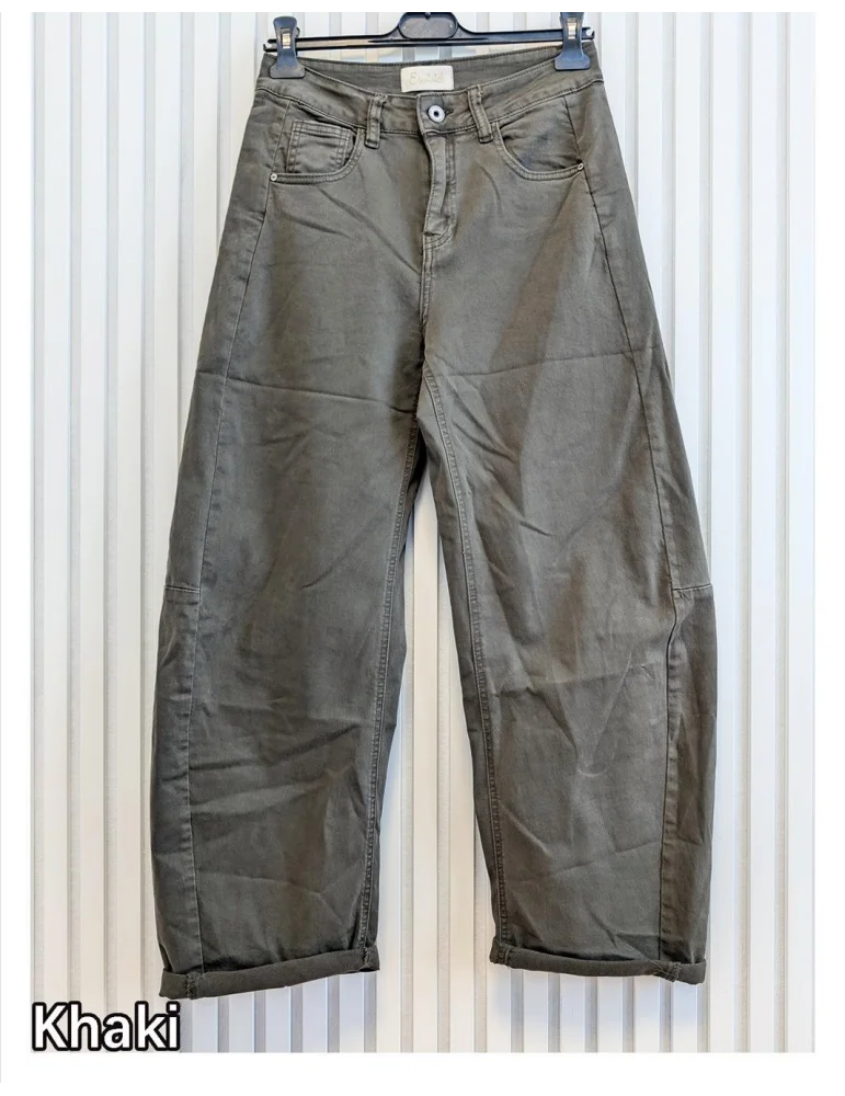 ESViViD Jeans Hose Damenhose O-Shape weites Bein Umschlag oliv mit Baumwolle 9285