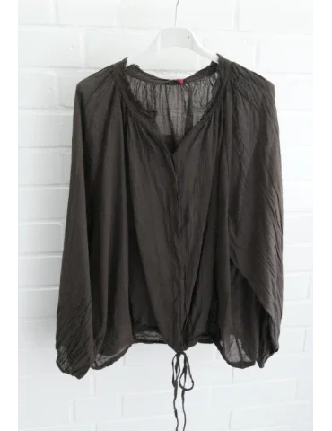 Braune Boho-Schlupfbluse mit Kordelzug am Saum und feinen Raffungen am Ausschnitt
