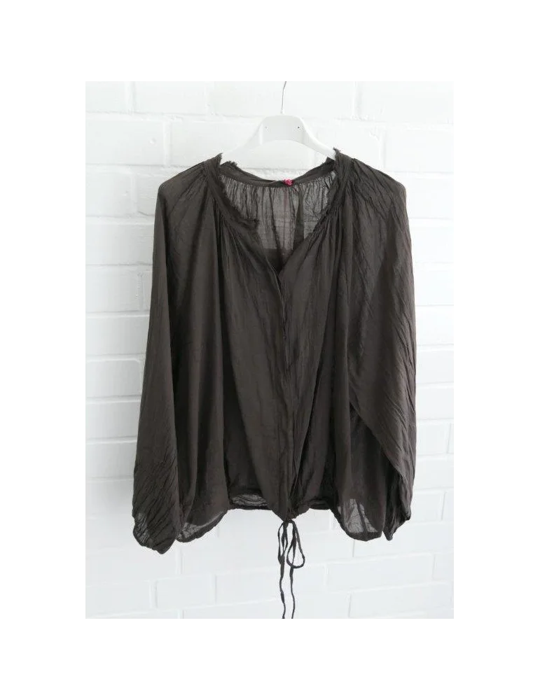 Braune Boho-Schlupfbluse mit Kordelzug am Saum und feinen Raffungen am Ausschnitt