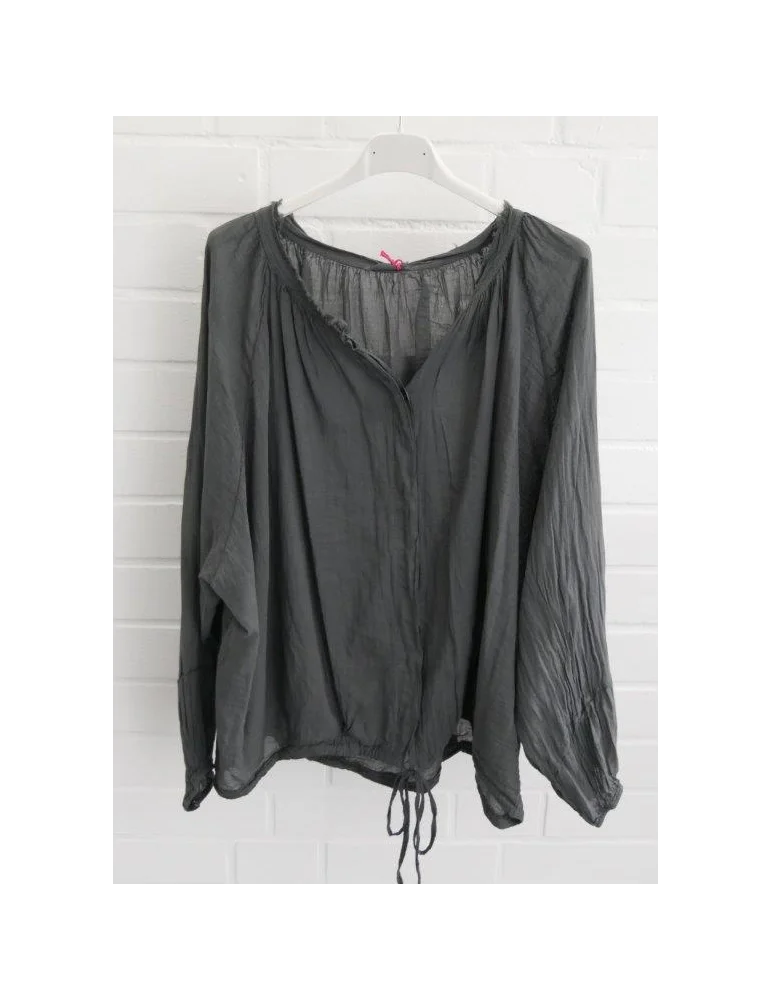 Graue Boho-Bluse mit Kordelzug am Saum und feinen Raffungen am Ausschnitt