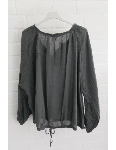 Rückansicht  Graue Boho-Bluse mit Kordelzug am Saum und feinen Raffungen am Ausschnitt