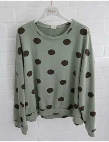 Sweatshirt in Salbeigrün mit großen dunkelbraunen Punkten und Rundhalsausschnitt