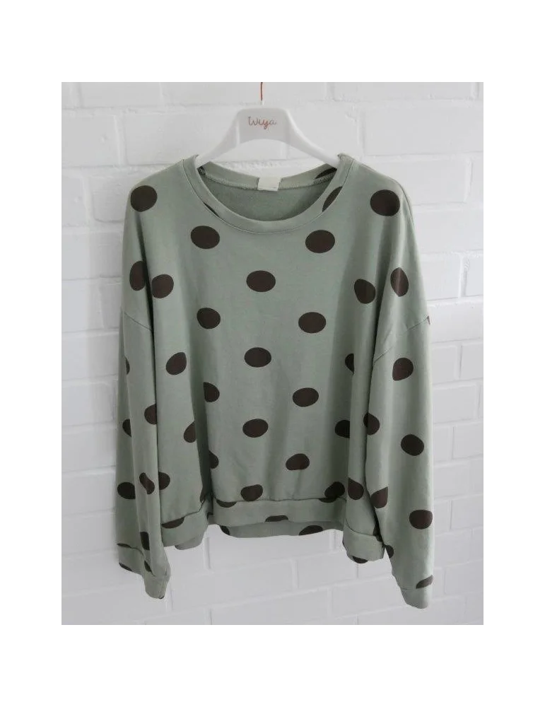 Sweatshirt in Salbeigrün mit großen dunkelbraunen Punkten und Rundhalsausschnitt