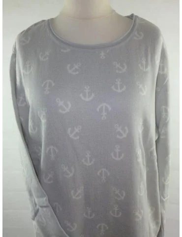 Zwillingsherz Oversize Pullover hellgrau grau weiß Anker Gr. 2 38 40 mit Baumwolle Nala