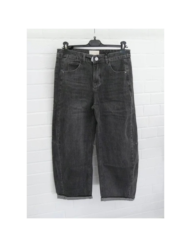 Grau gewaschene Barrel-Leg-Jeans für Damen mit umgekrempeltem Saum auf Bügel