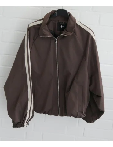 Braune Retro Track-Jacket für Damen mit cremefarbenen Seitenstreifen an den Ärmeln