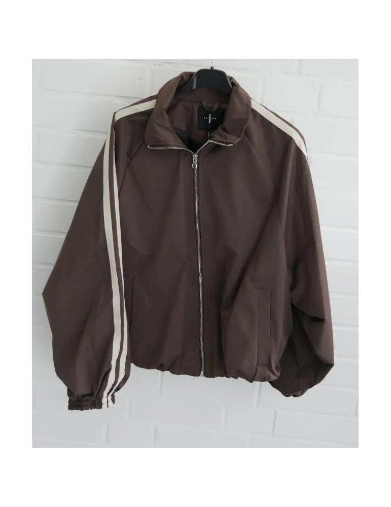 Braune Retro Track-Jacket für Damen mit cremefarbenen Seitenstreifen an den Ärmeln