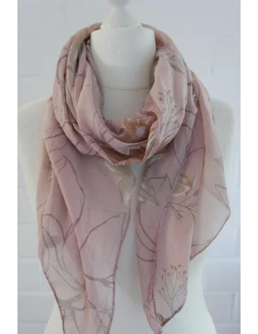 Seiden Baumwoll Schal  mit Ästen und Blumen in rose