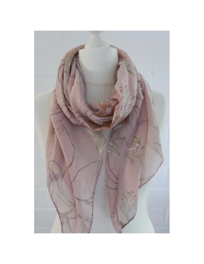 Seiden Baumwoll Schal  mit Ästen und Blumen in rose