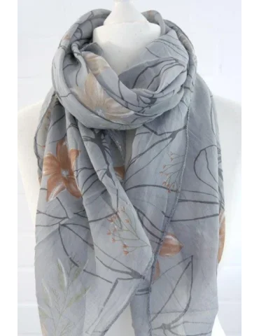 Seiden Baumwoll Schal in grau camel bunt mit Blumen und Ästen