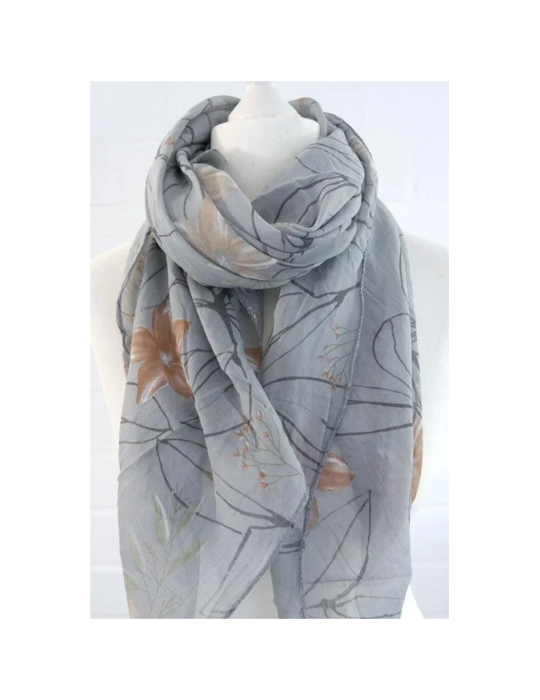Seiden Baumwoll Schal in grau camel bunt mit Blumen und Ästen