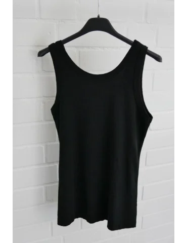 Schwarzes Damen Ripp-Tanktop mit Vintage-Waschung auf schwarzem Kleiderbügel von hinten