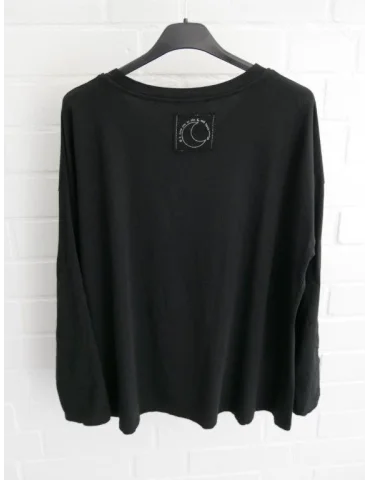 Rückansicht Schwarzes Damen Oversize-Shirt mit Rundhalsausschnitt und hochgekrempelten Ärmeln