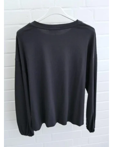 Rückansicht Dunkelblaues Oversize-Longsleeve für Damen mit Ballonärmeln und Bündchen auf Bügel