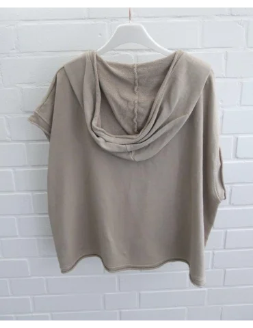 Rückansicht Beigefarbener Kurzarm-Hoodie für Damen mit tiefem V-Ausschnitt und Kängurutasche auf Bügel