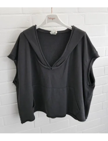 Anthrazitfarbener Kurzarm-Hoodie für Damen mit tiefem V-Ausschnitt und Kängurutasche auf Bügel