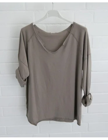 Schlammfarbenes Langarmshirt mit lockerem Schnitt und tiefem V-Ausschnitt